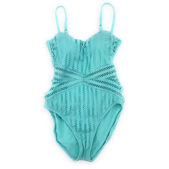 Kenneth Cole Open Crochet Sexy Slimming One Piece Swimsuit Aqua Blue XL NWOT - Picture 4 of 4